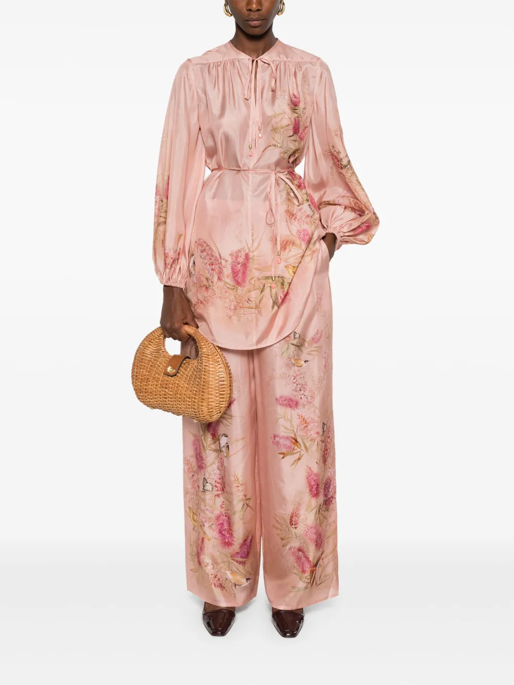 Zimmermann Printed Silk Top With Button And Tie In Pink