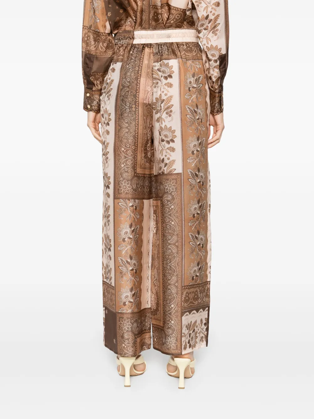 Zimmermann Lucky Brown Pants With Elastic Drawstring Waist And All-over Floral Print In Silk Woman
