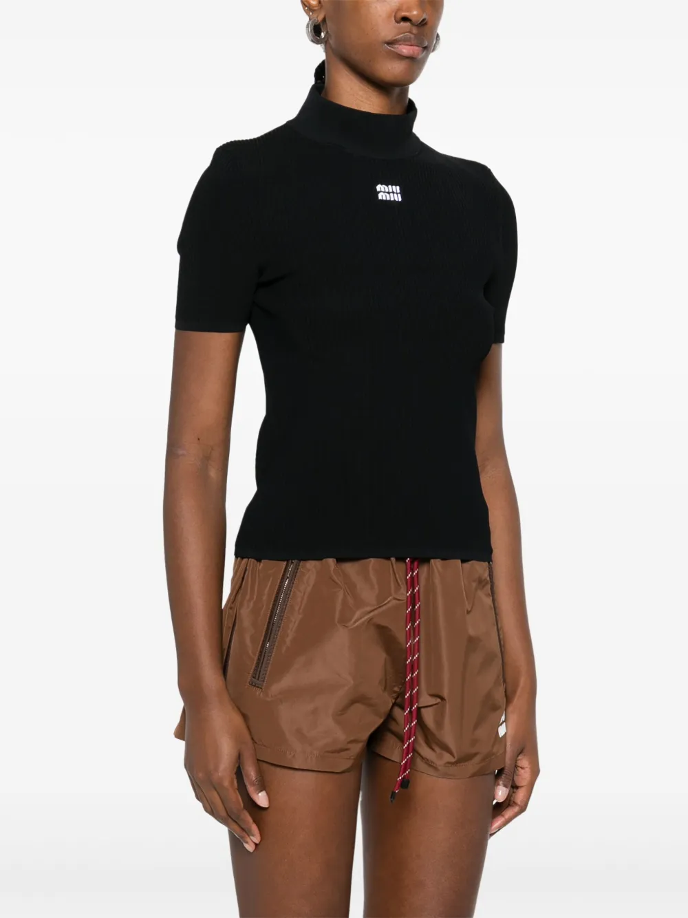 Miu Geribbeld T-shirt Zwart