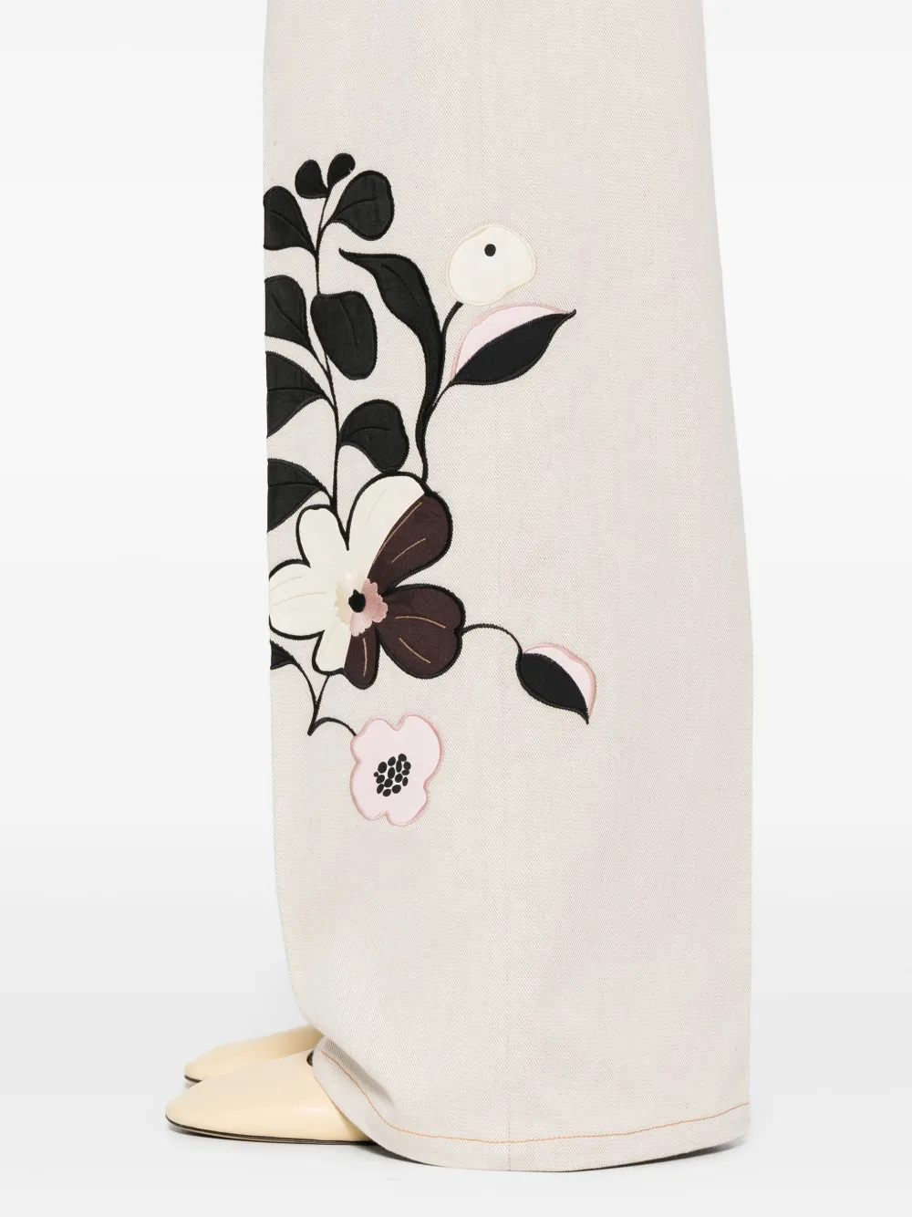 Forte Broek met geborduurde bloemen Beige