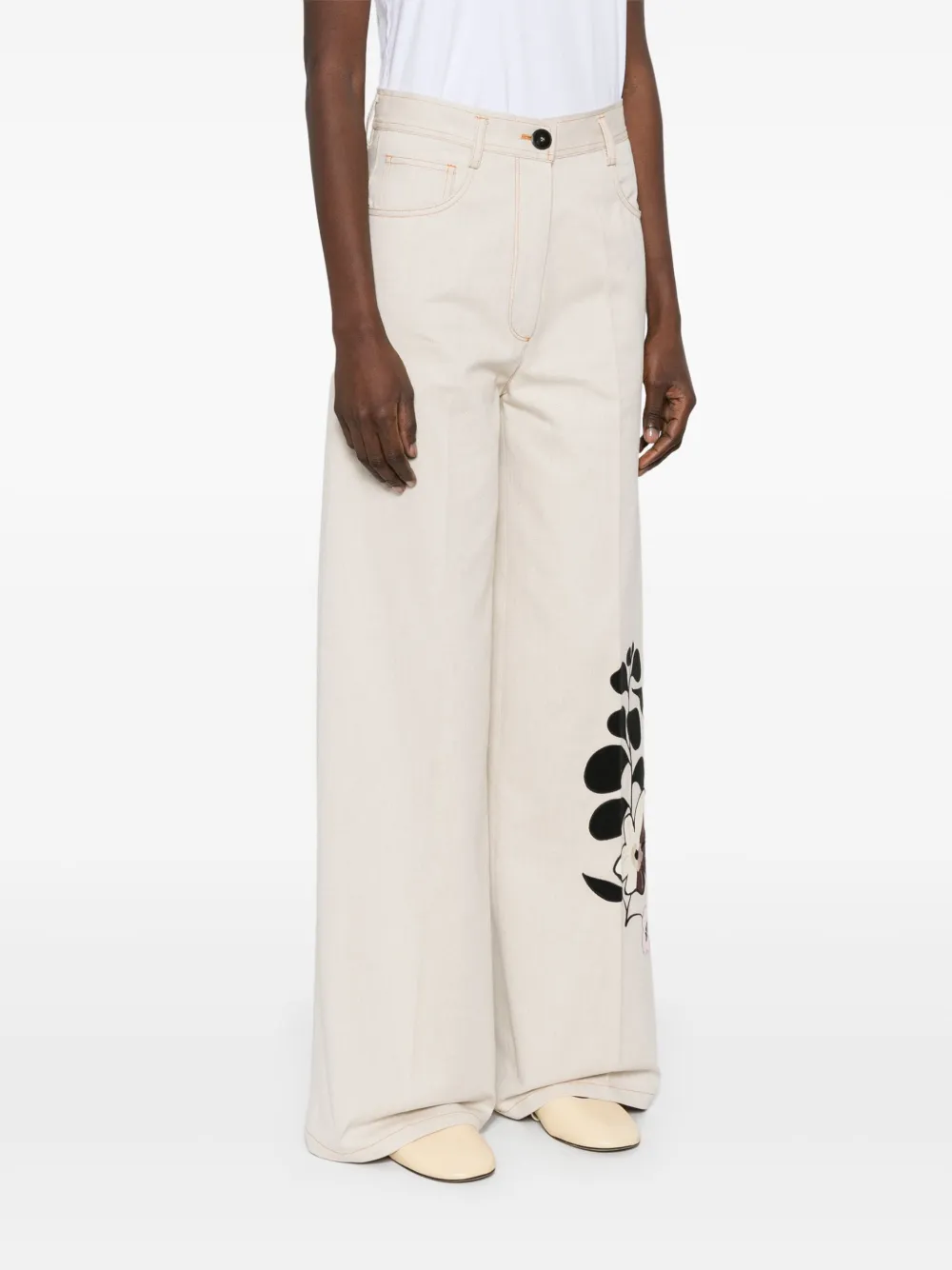 Forte Broek met geborduurde bloemen Beige