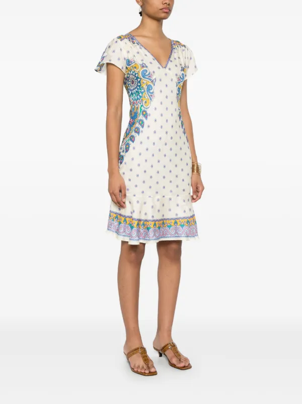 Etroの赤、緑、黄色、ピンクの花柄とペイズリー柄のペインティングドレス ETRO ペイズリー ドレス