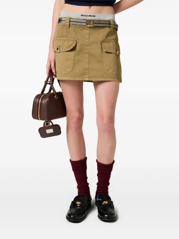 【MIU MIU】DARK GREEN COTTON MINI SKIRT Miu Miu garment-dyed Cotton Miniskirt | Green | FARFETCH TW