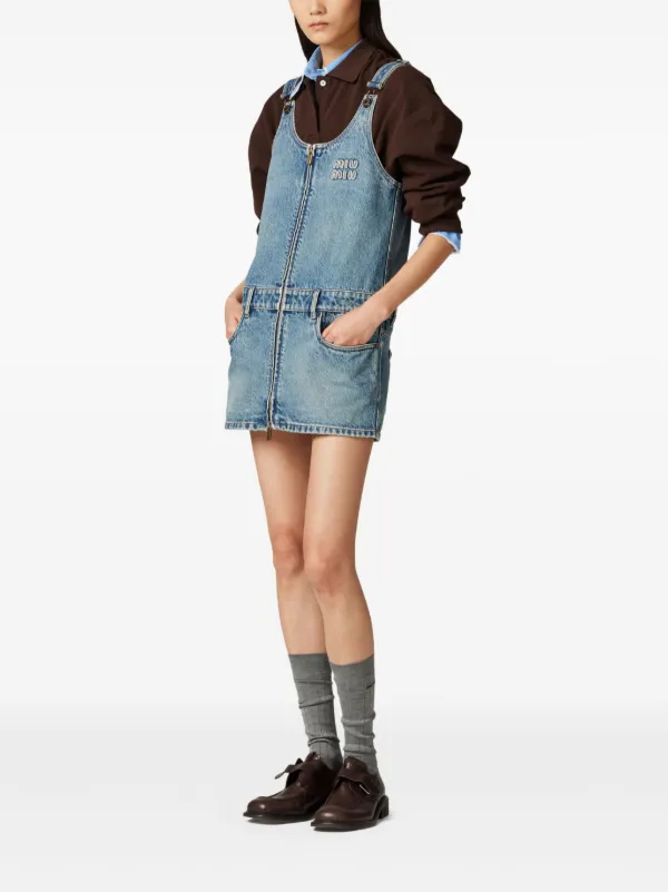 ワンピース MIUMIU Indigo Denim Dress with Bijou Miu Miu Star Button One Piece Dress with Beads and Ruffles