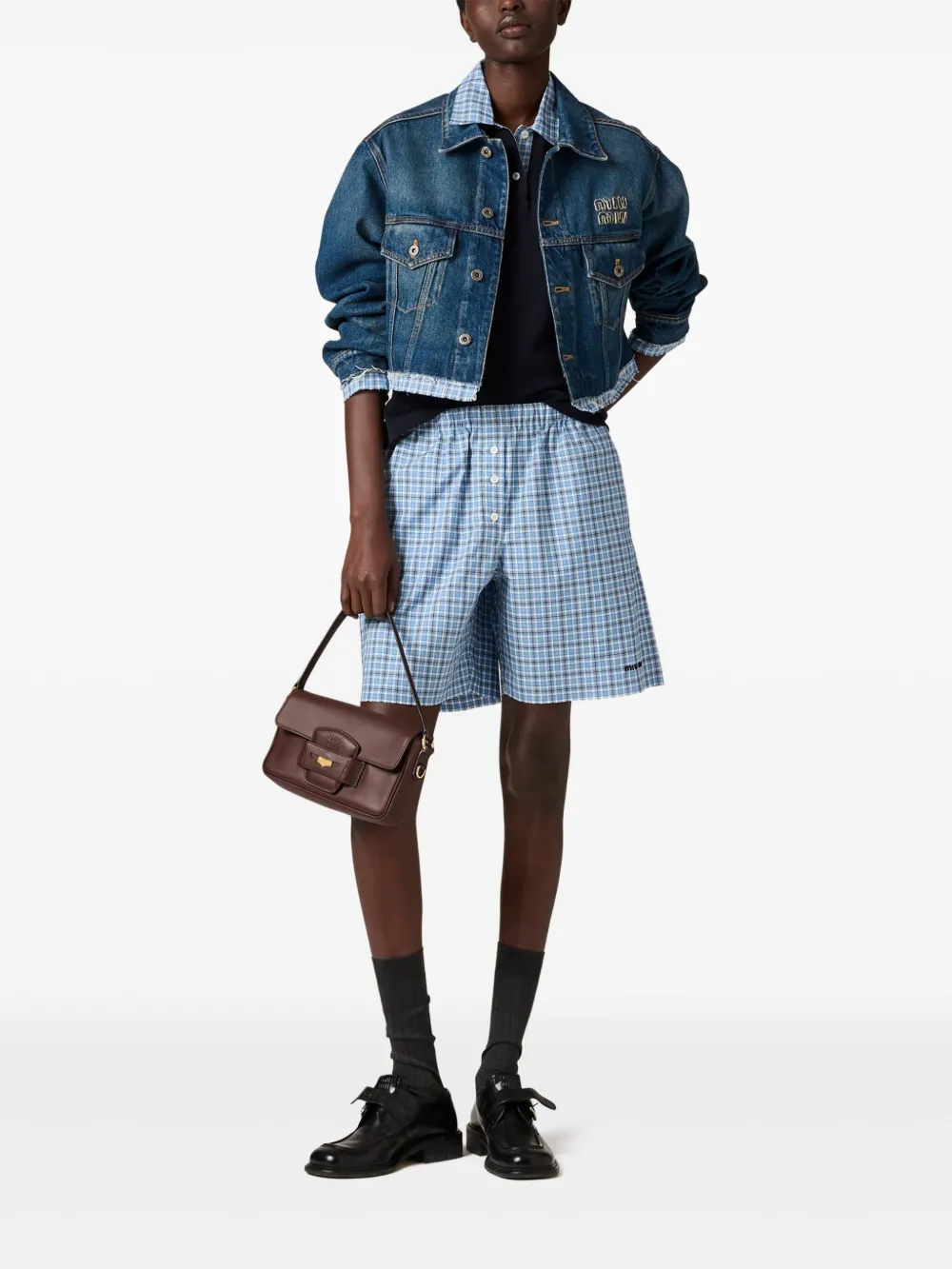 Miu Miu Checked Poplin Boxer Shorts In Blue