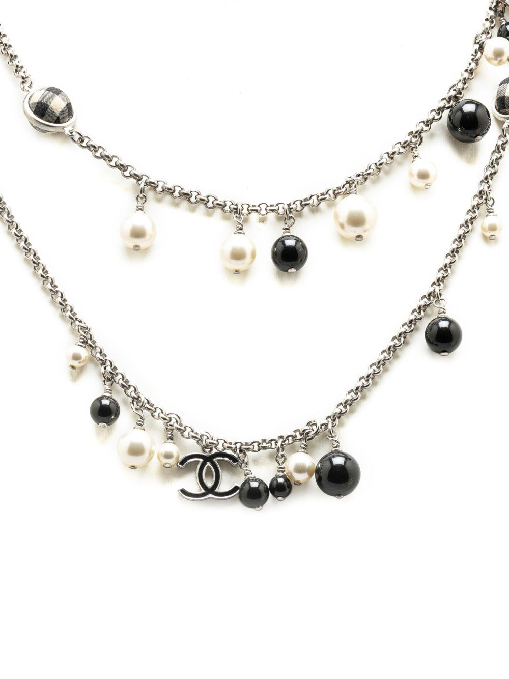 CHANEL Pre-Owned 2011 Silver Faux Pearl Beaded CC Gingham Bow Charms Necklace costume necklace