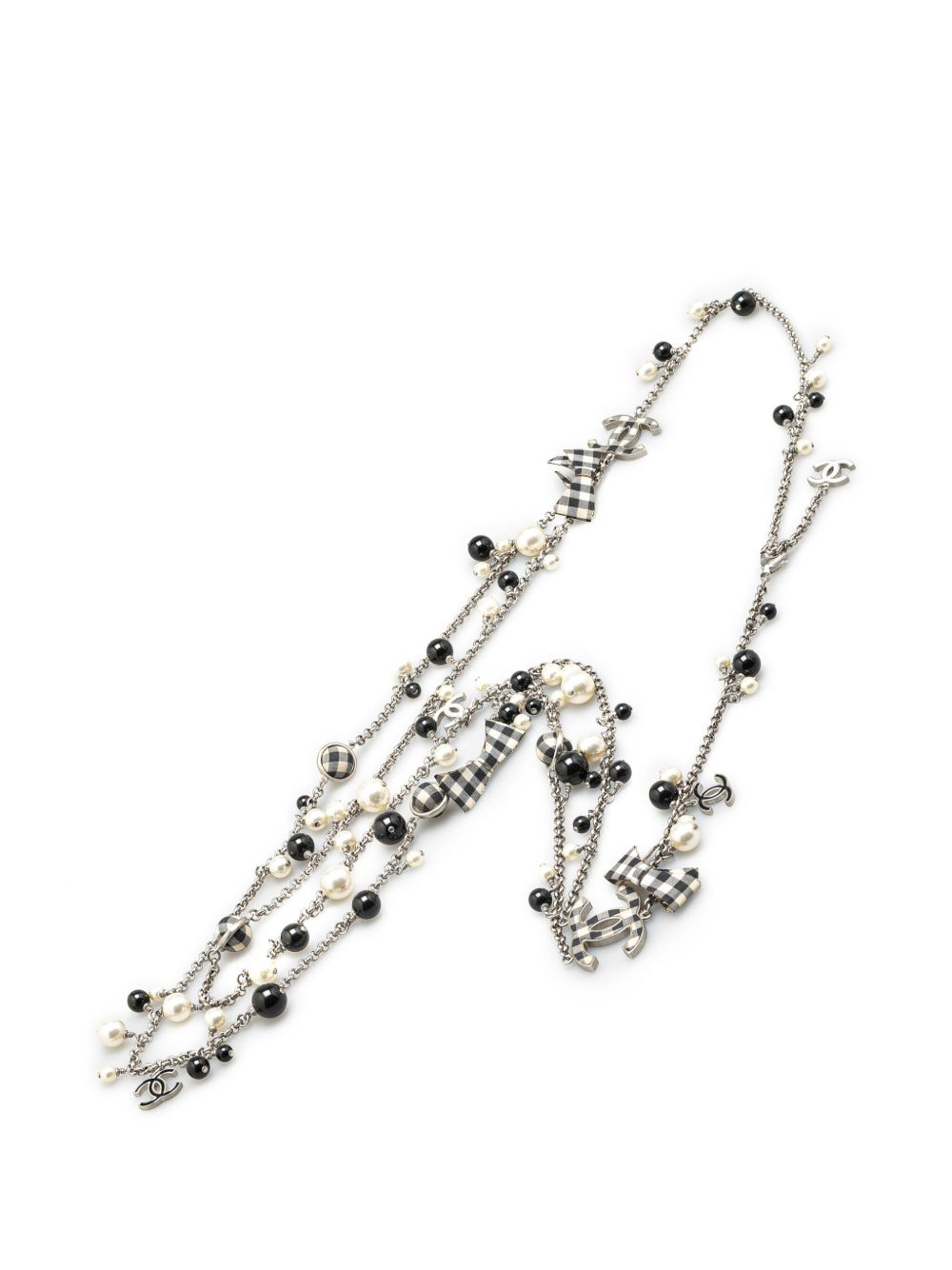 CHANEL Pre-Owned 2011 Silver Faux Pearl Beaded CC Gingham Bow Charms Necklace costume necklace