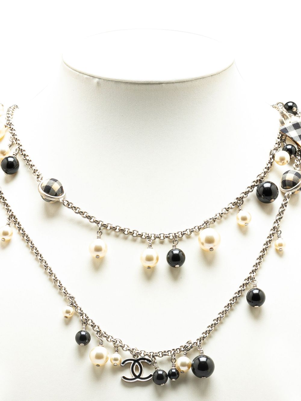 CHANEL 2011 SILVER FAUX PEARL BEADED CC GINGHAM BOW CHARMS NECKLACE COSTUME NECKLACE