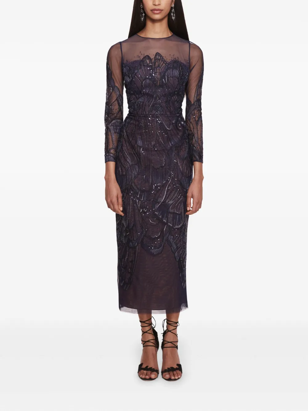 Marchesa Notte Winged Symphony midi-jurk Blauw