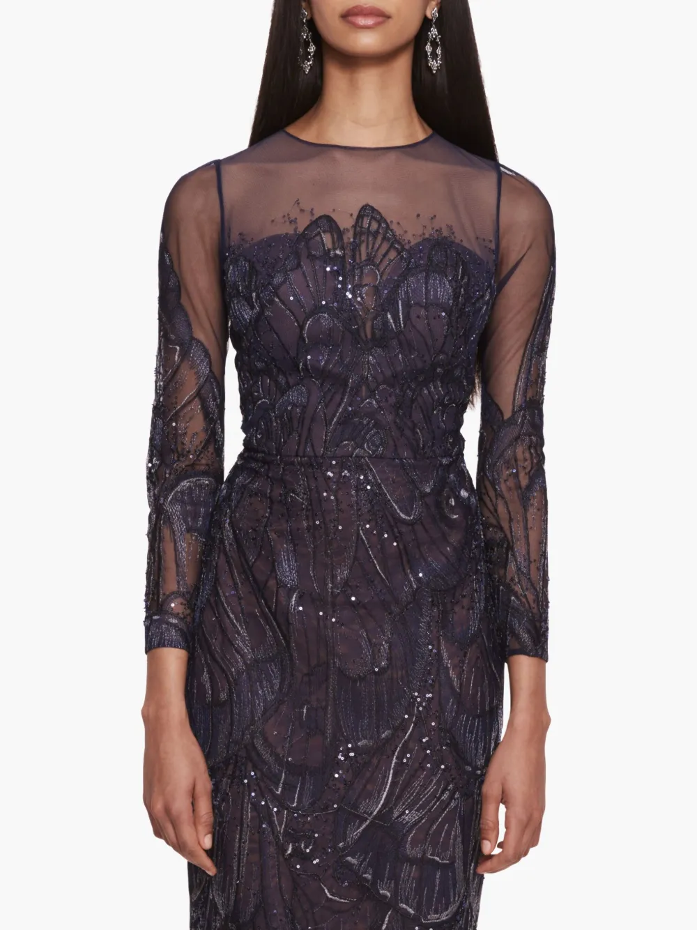 Marchesa Notte Winged Symphony midi-jurk Blauw