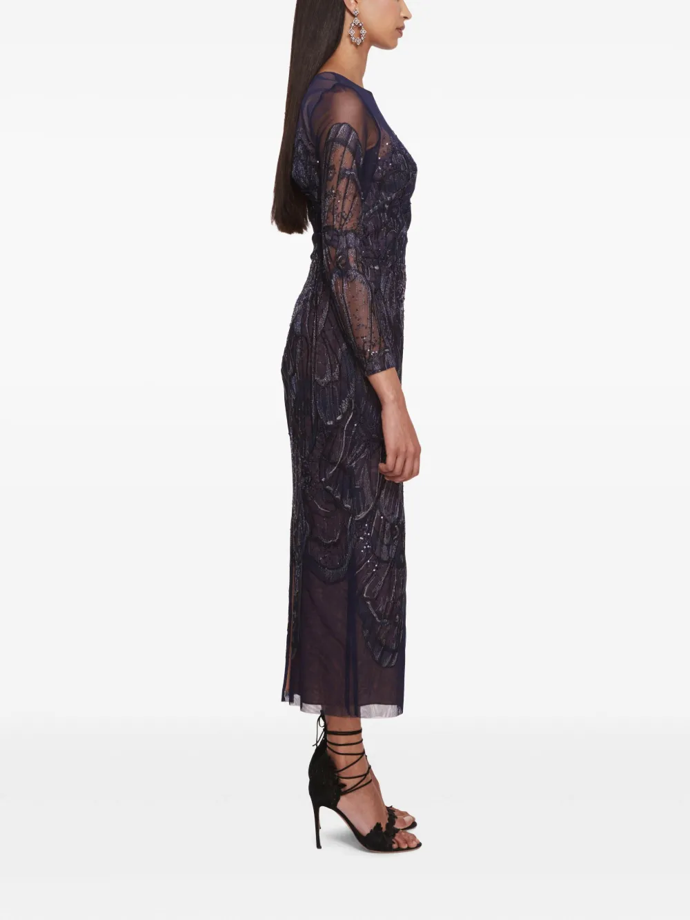 Marchesa Notte Winged Symphony midi-jurk Blauw