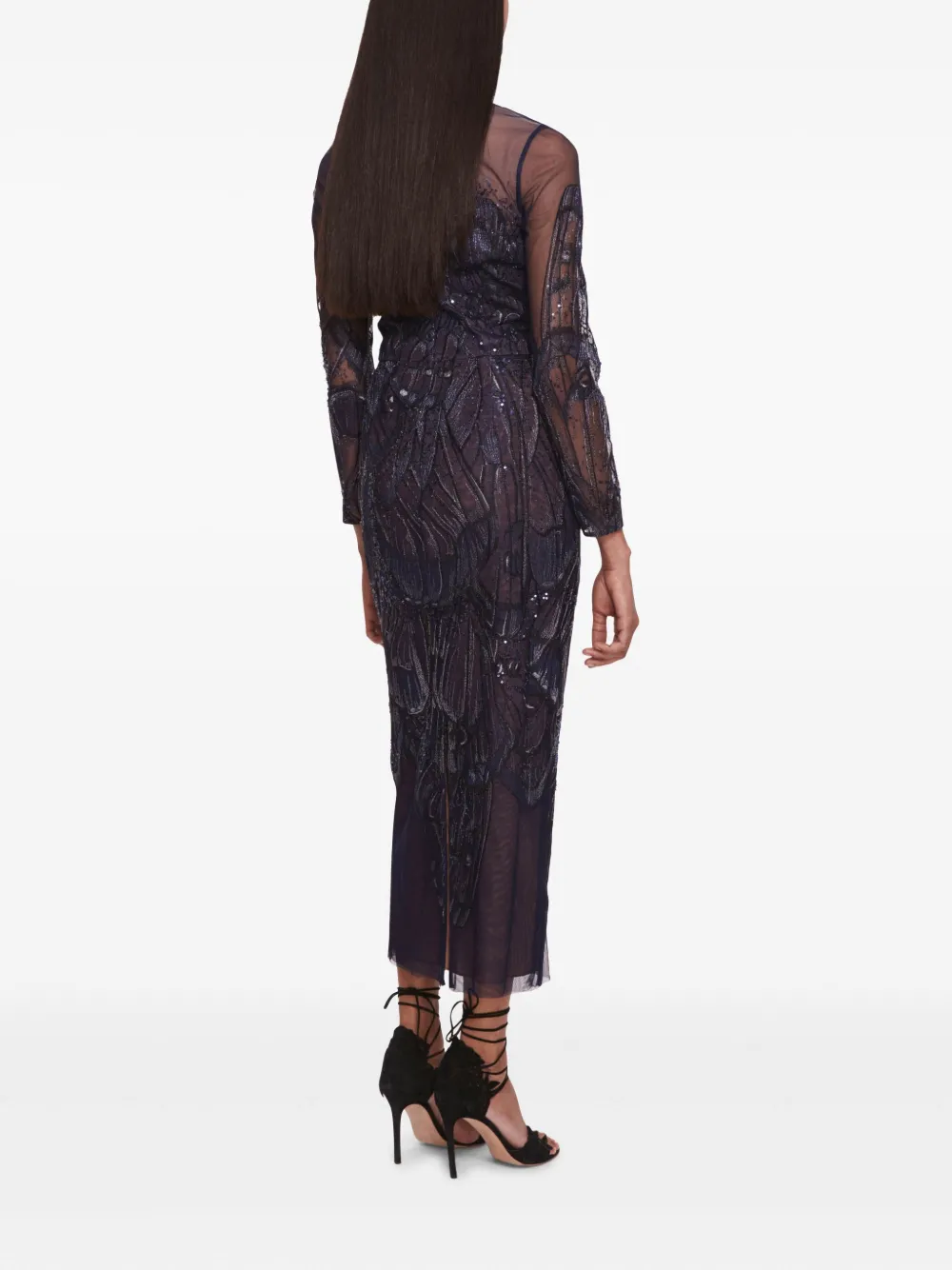 Marchesa Notte Winged Symphony midi-jurk Blauw