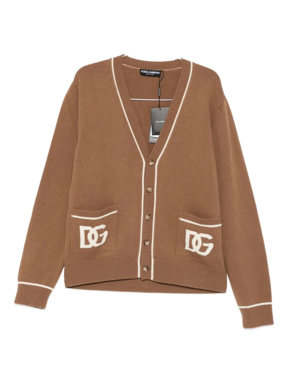 Dolce & Gabbana Virgin Wool Cardigan With Dg Inlay In Brown
