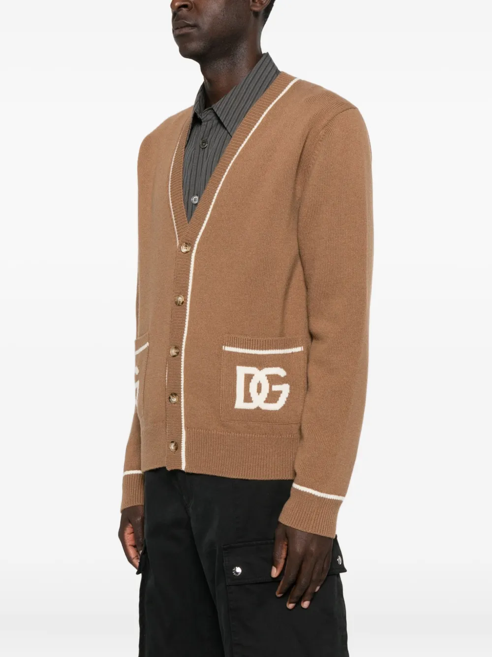 Dolce & Gabbana Virgin Wool Cardigan With Dg Inlay In Brown