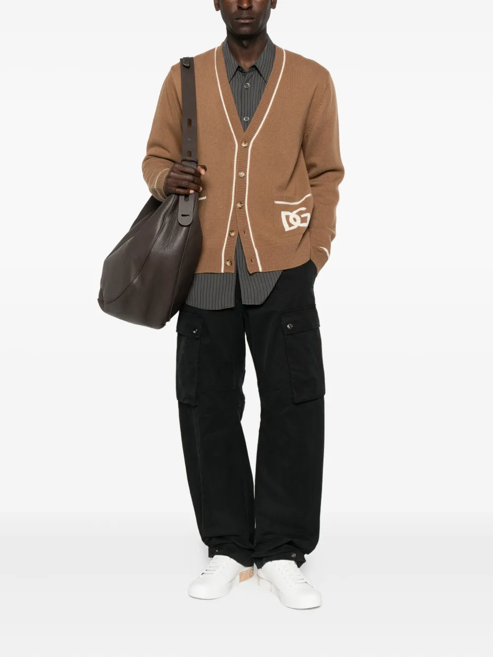 Dolce & Gabbana Virgin Wool Cardigan With Dg Inlay In Brown