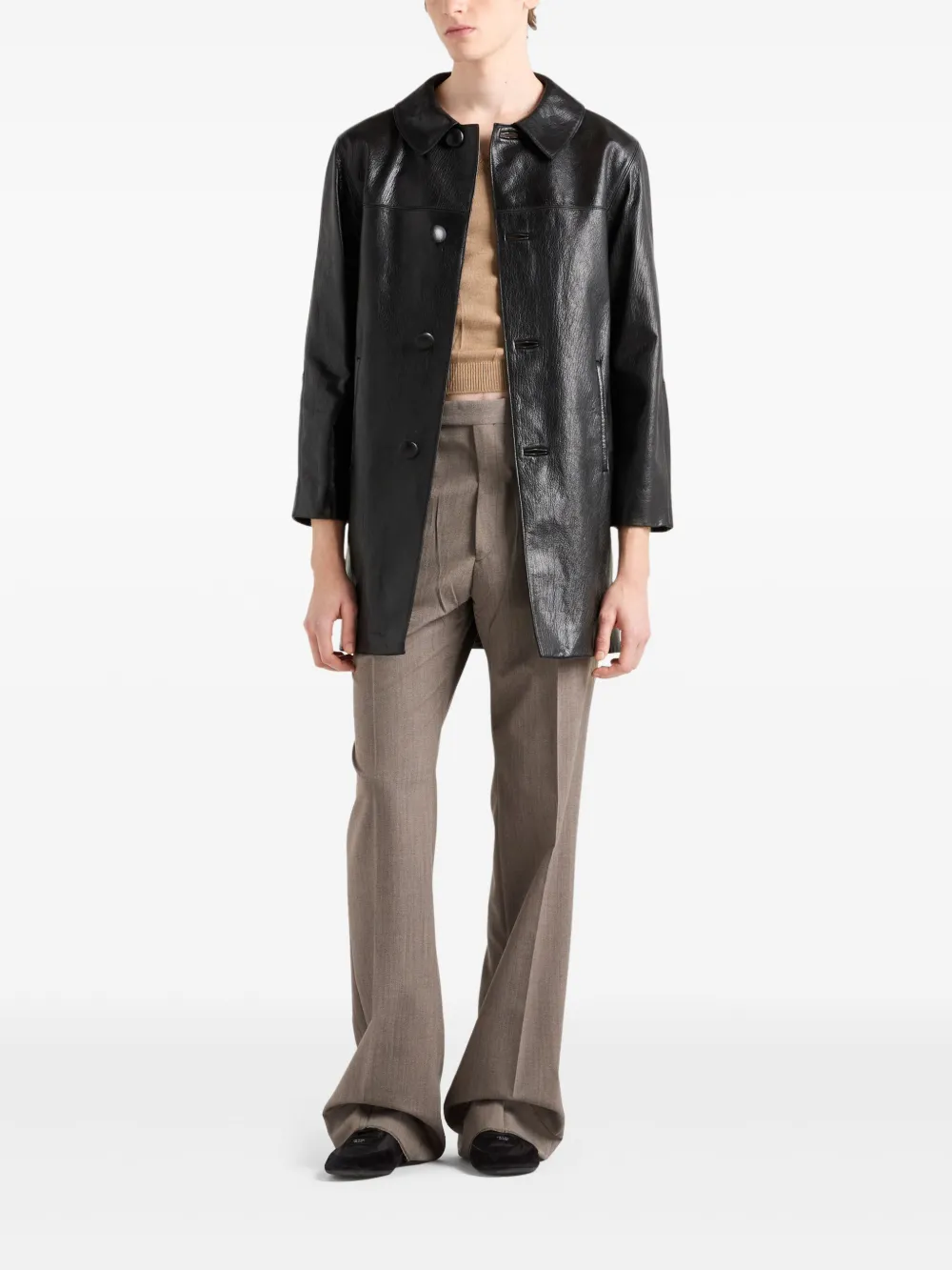 Prada Leren jas met triangel logo - Zwart
