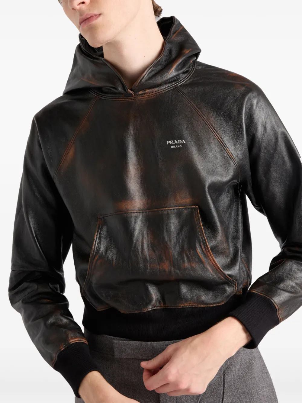 Prada Leren hoodie Zwart