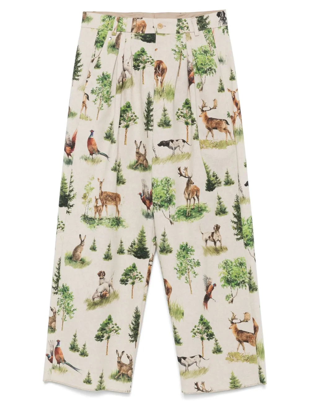 forest animals-print pleated trousers