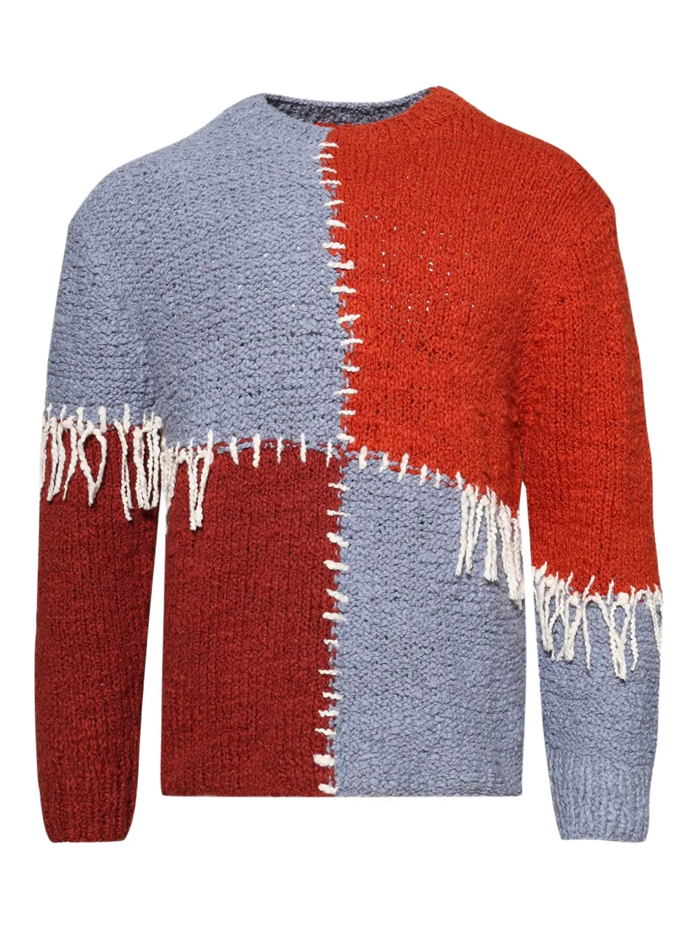 fringe-embellished patchwork sweater