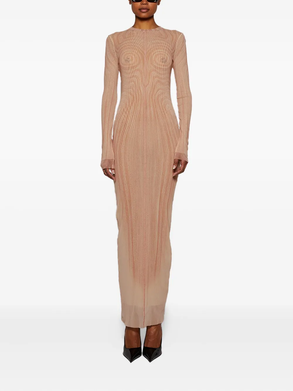 Jean Paul Gaultier spiral-print mesh maxi dress Beige