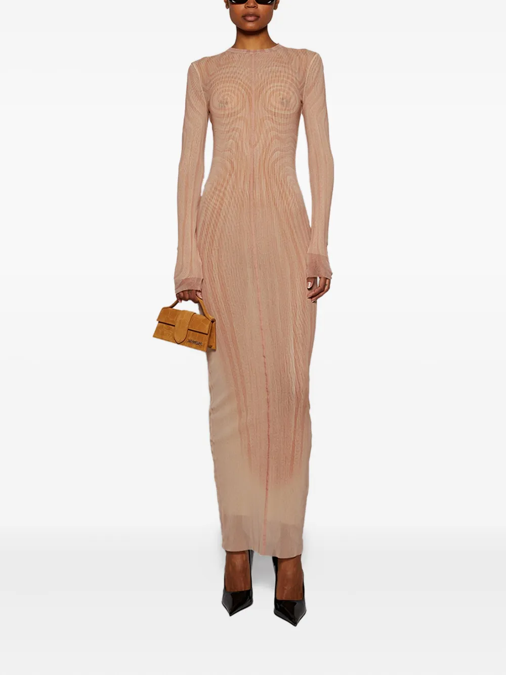 Jean Paul Gaultier spiral-print mesh maxi dress Beige