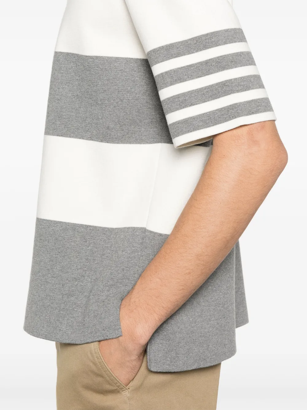 Thom Browne Short-sleeved Polo Shirt With Horizontal Stripes And Classic Collar In Grey