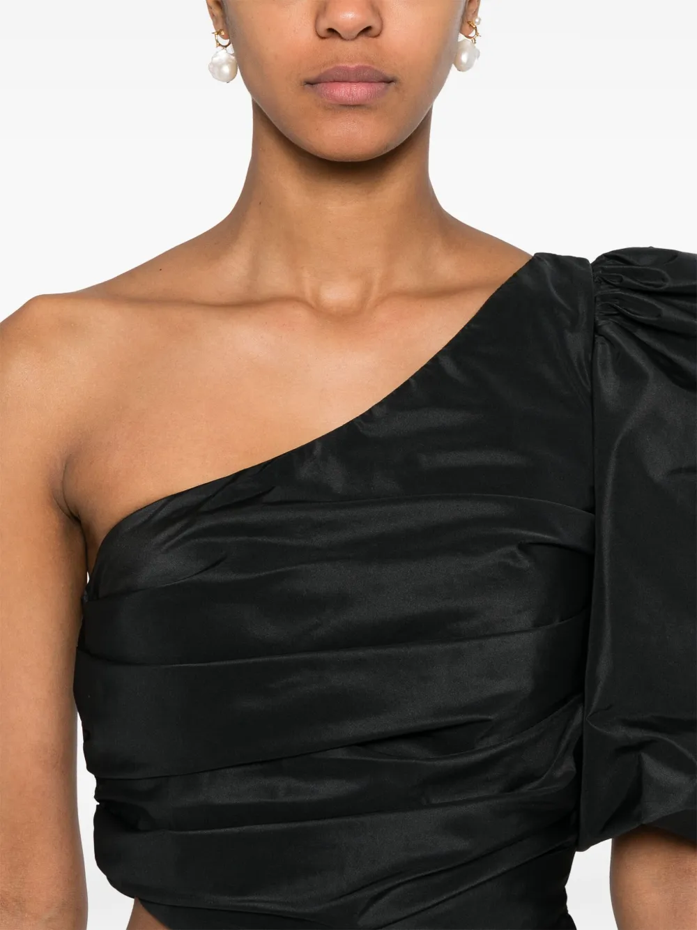 Pinko 'magnanina' Black One Shoulder Top With Ruffle Details In Techn Fabric Woman In 黑色