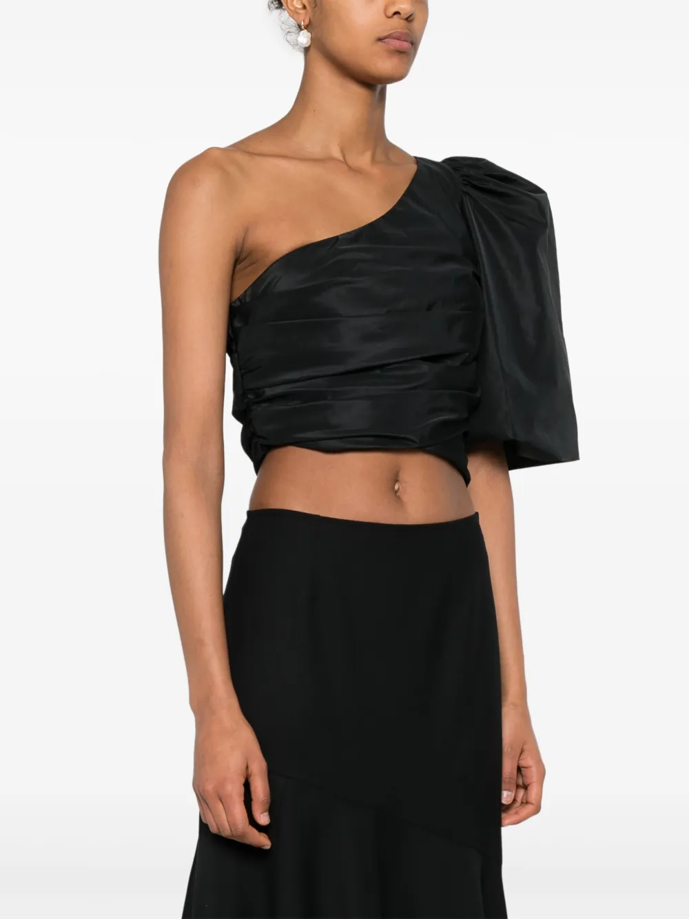 Pinko 'magnanina' Black One Shoulder Top With Ruffle Details In Techn Fabric Woman In 黑色