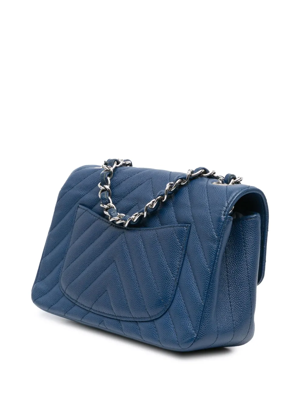 Pre-owned Chanel 2018 Mini Rectangular Classic Chevron Caviar Single Flap Crossbody Bag In Blue