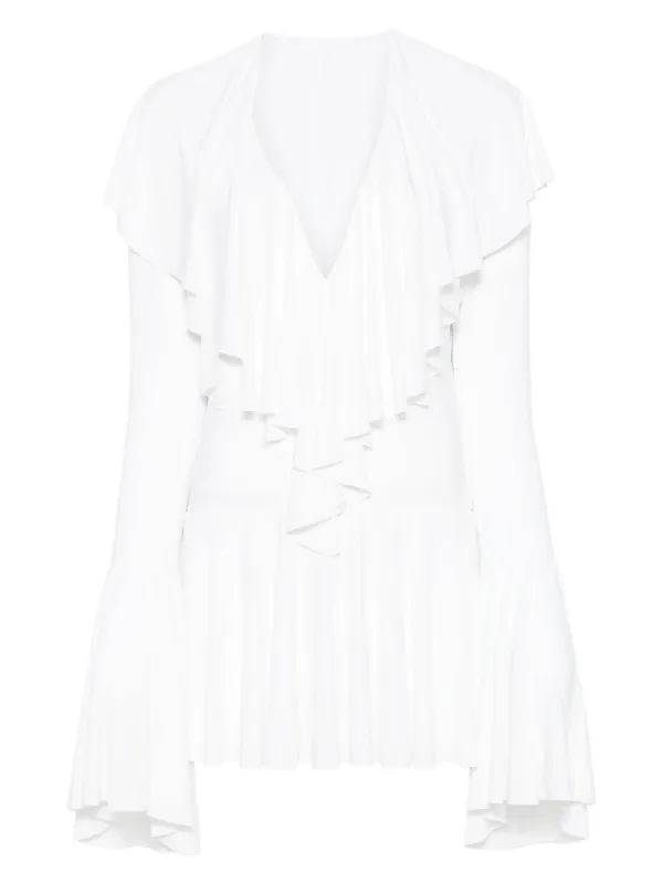 Norma Kamali Long Sleeve Deep V Ruffle Bodysuit in White - Size XL