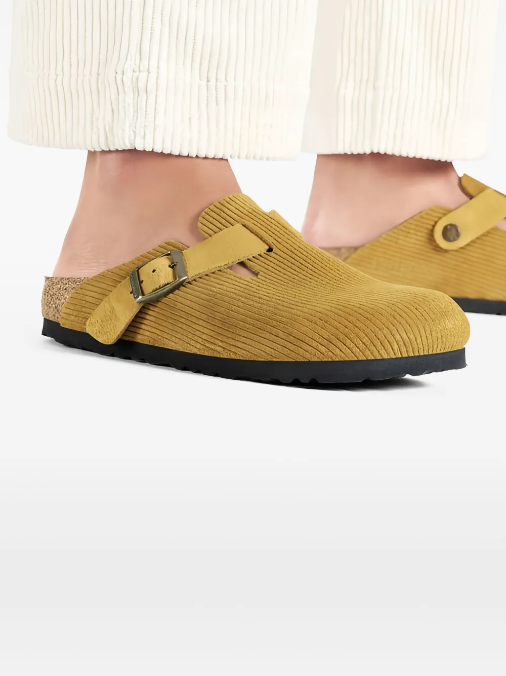 Birkenstock Boston suede embossed "Corduroy Cork Brown" mules