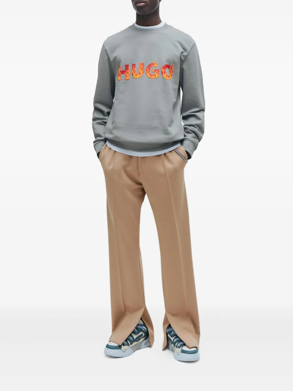 HUGO flame-logo cotton sweater - Grijs