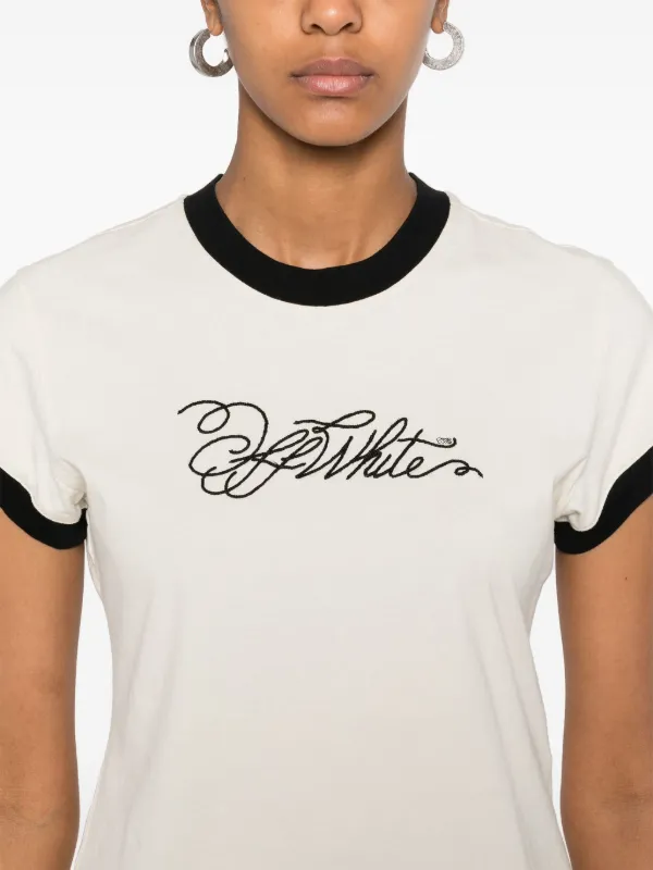 Off-White logo-embroidered T-shirt | Neutrals | FARFETCH