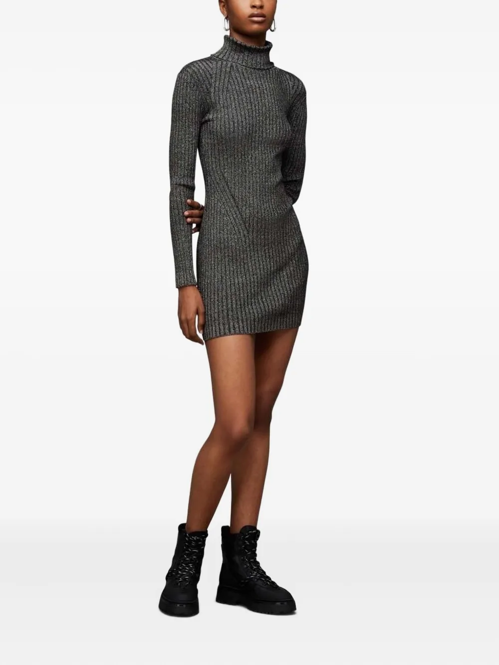 Allsaints Ribbed Turtleneck Mini Dress In Gray