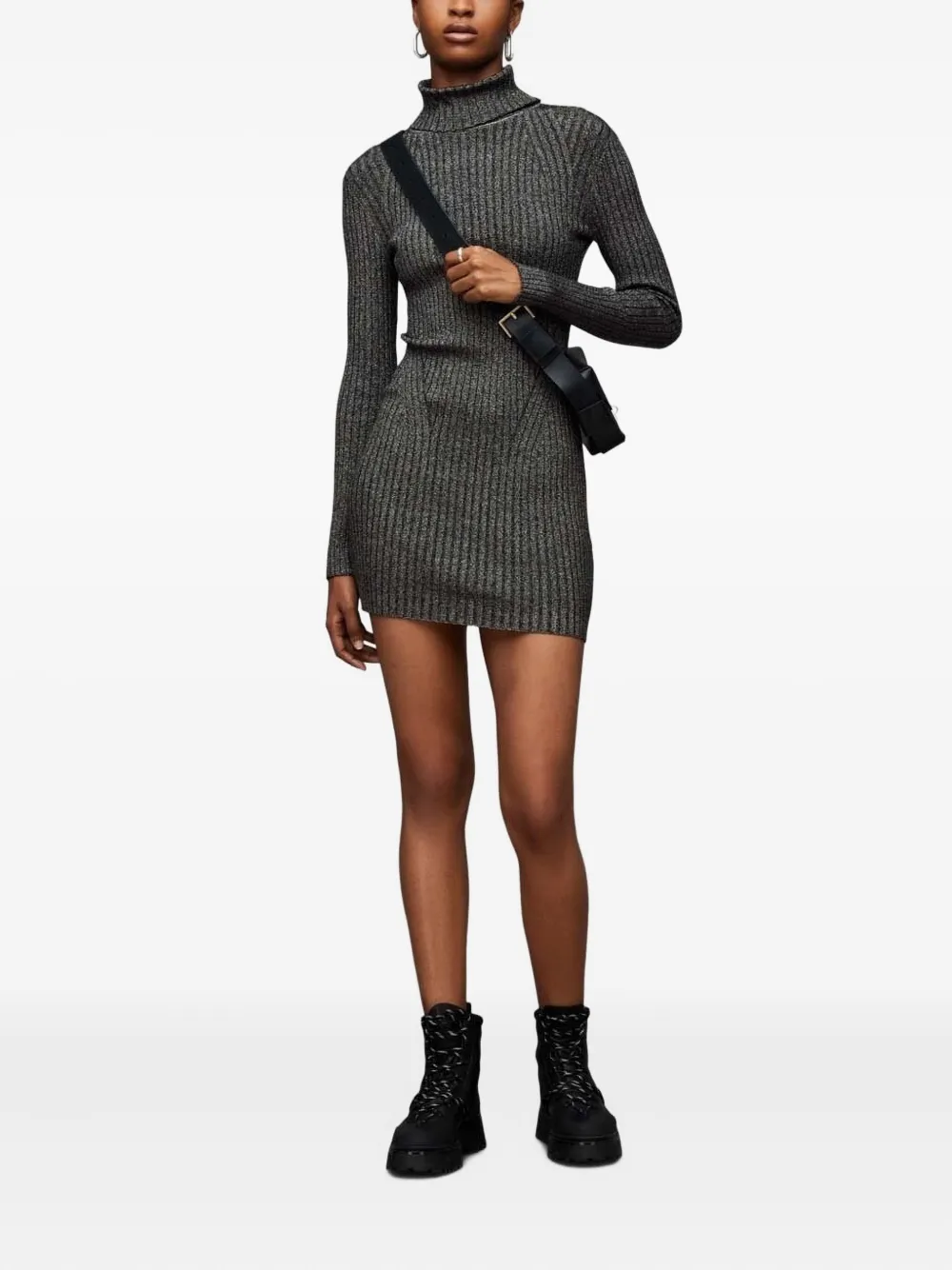 Allsaints Ribbed Turtleneck Mini Dress In Gray