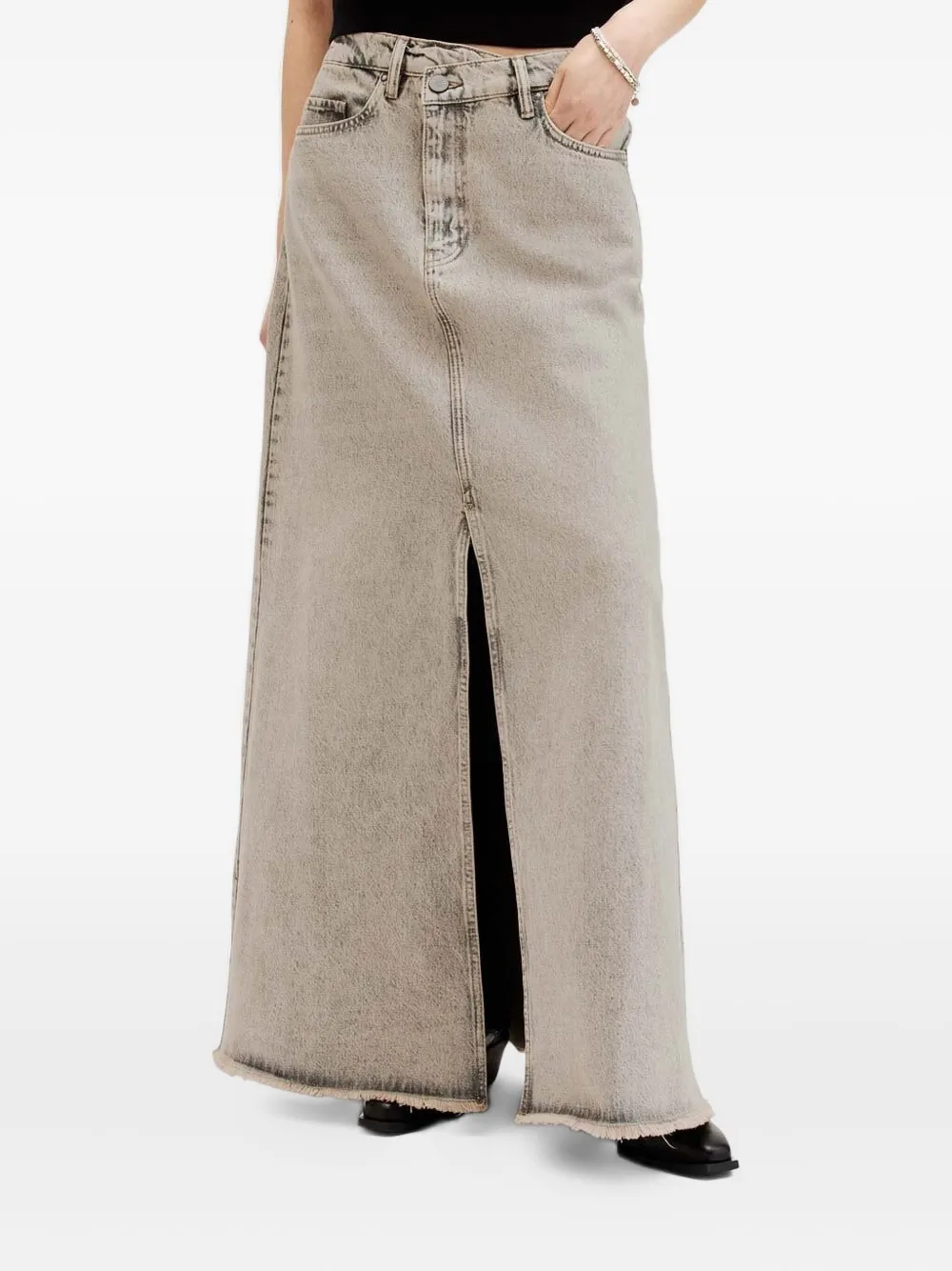 Allsaints Frayed Denim Front-split Maxi Skirt In Gray