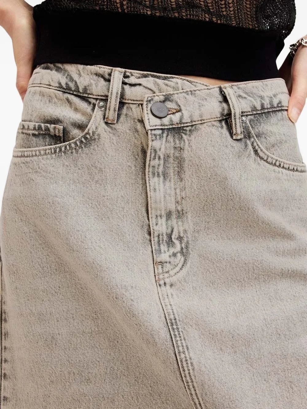 Allsaints Frayed Denim Front-split Maxi Skirt In Gray