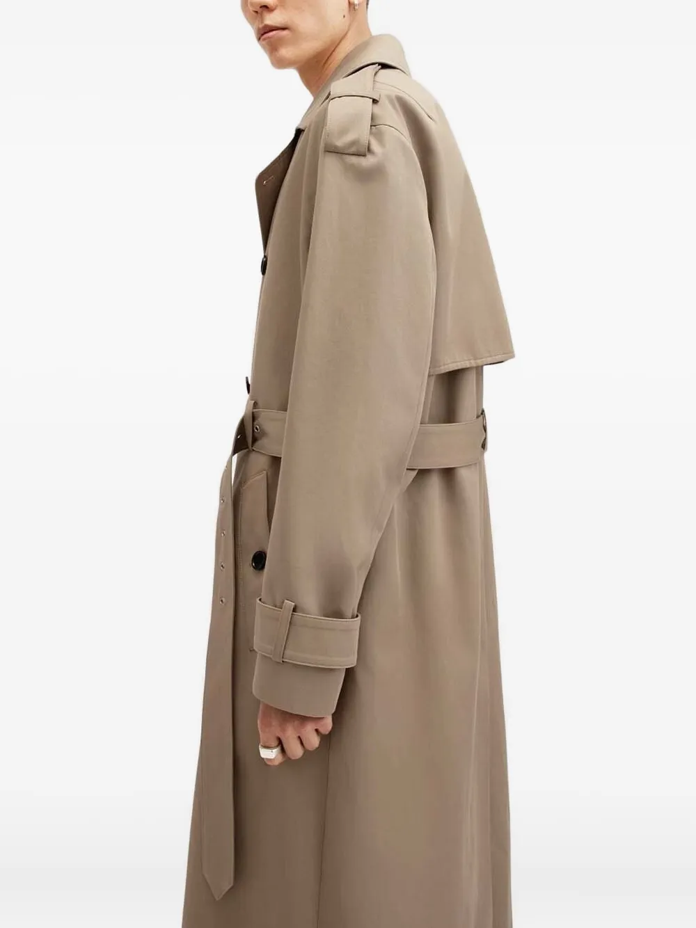 AllSaints Trenchcoat met dubbele rij knopen en ceintuur Beige
