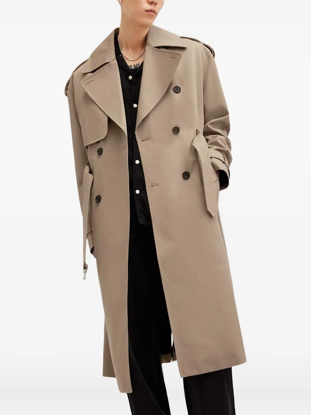 AllSaints Trenchcoat met dubbele rij knopen en ceintuur Beige