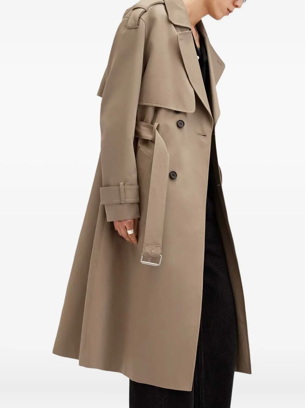 AllSaints Trenchcoat met dubbele rij knopen en ceintuur Beige