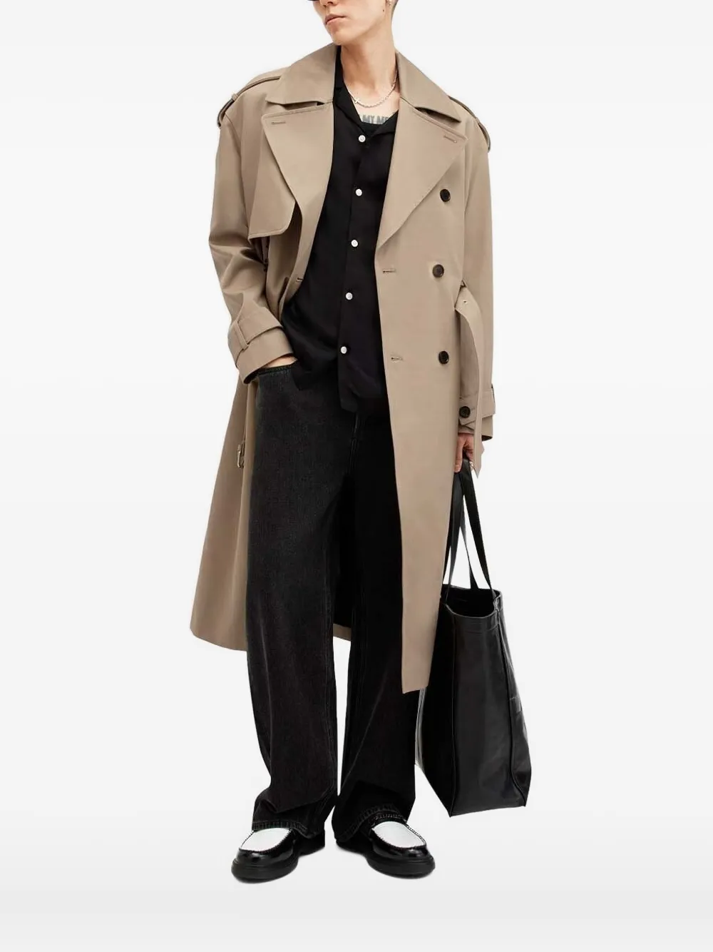 AllSaints Trenchcoat met dubbele rij knopen en ceintuur Beige