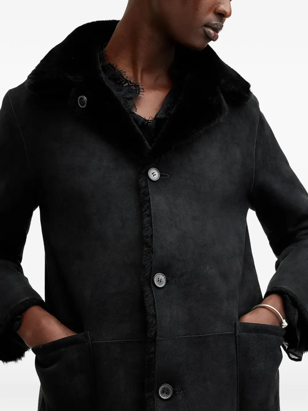 AllSaints Serra leren jas met knopen Zwart