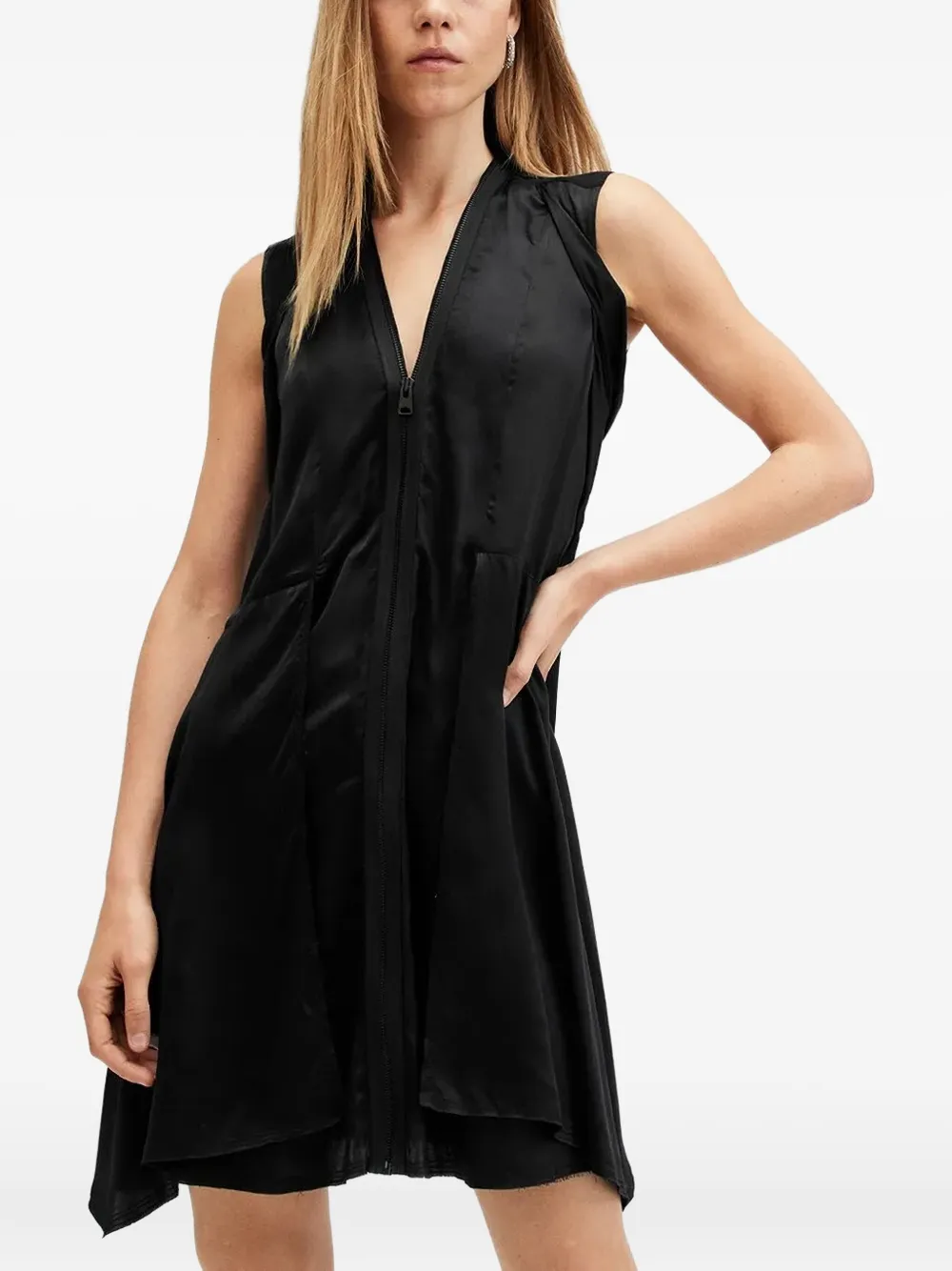 AllSaints Jayda mini-jurk met V-hals en rits Zwart