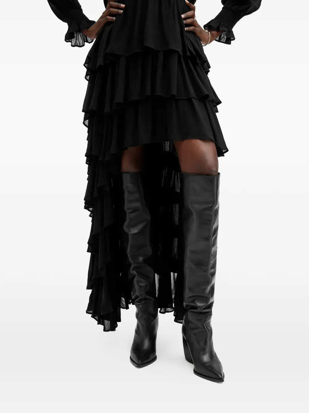 Allsaints Cavarly Ruffled-detail Asymmetric Dress In Black