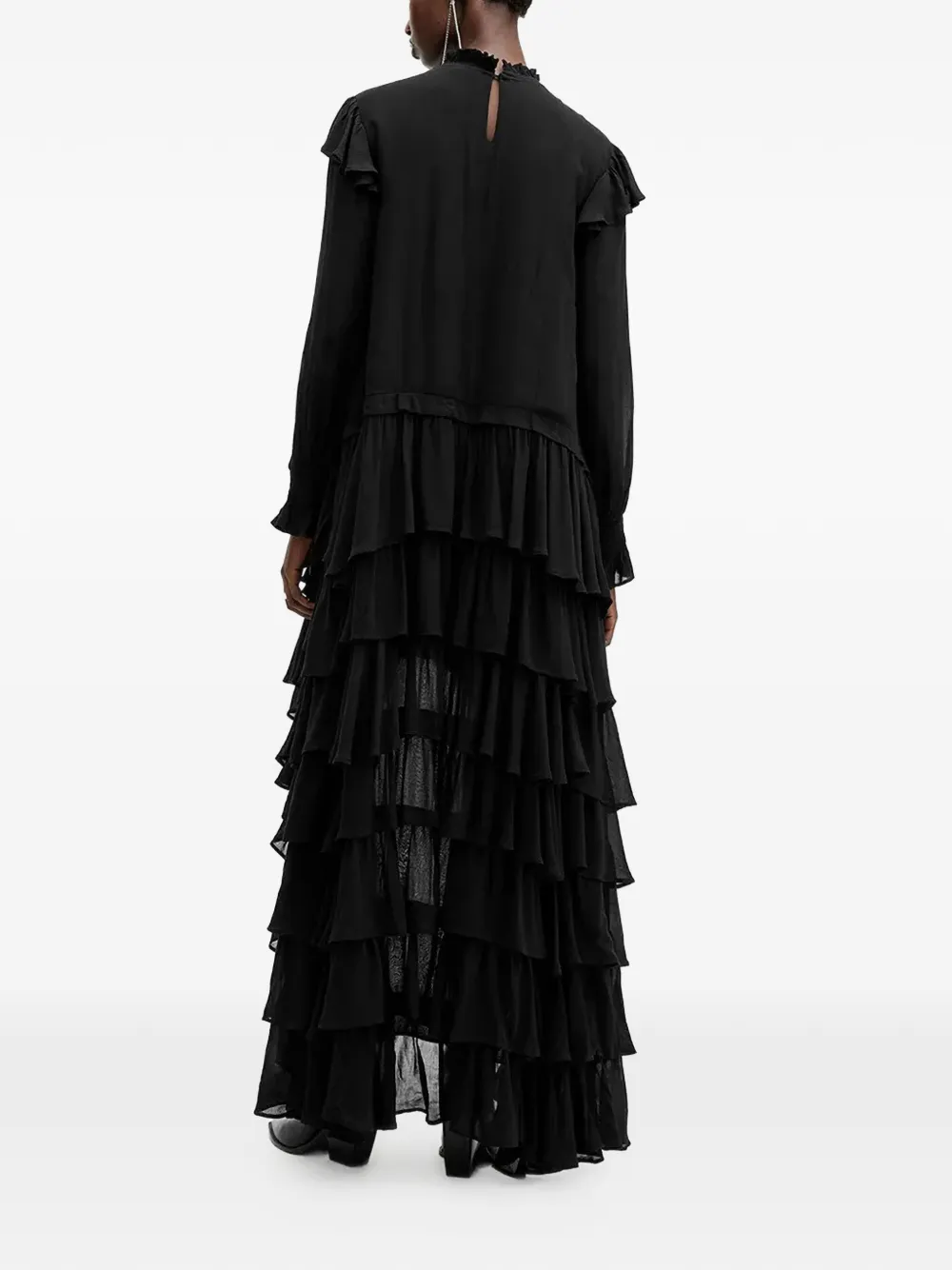 Allsaints Cavarly Ruffled-detail Asymmetric Dress In Black