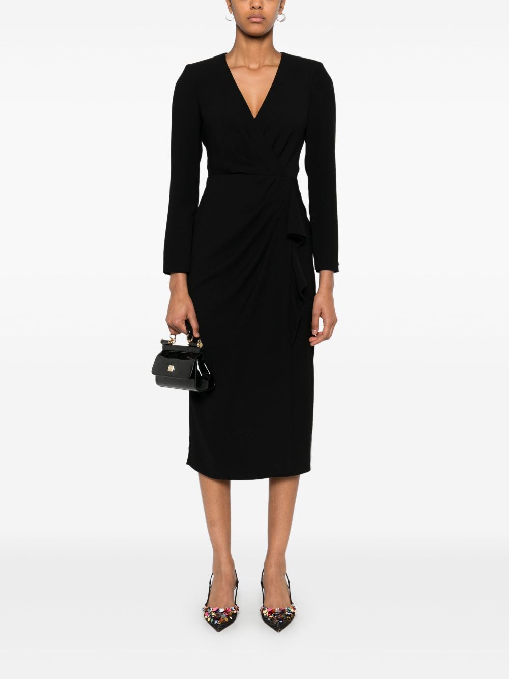 NISSA V-neck crepe midi dress - Zwart