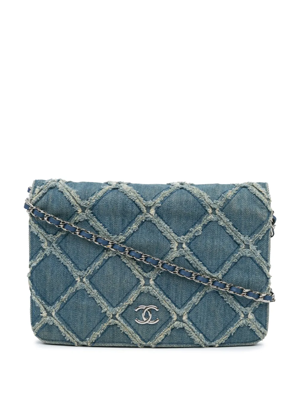 Pre-owned Chanel 2019 Frayed Denim Wallet On Chain Crossbody Bag In Blue