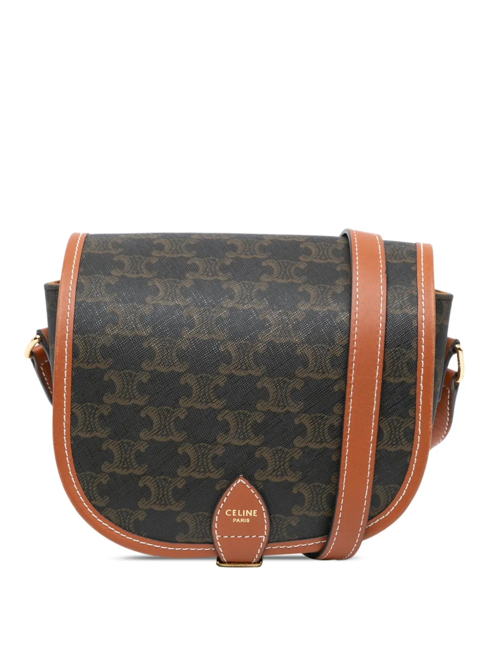 Pre-owned Celine 2019 Medium Triomphe Coated Canvas Folco Crossbody Bag In Brown