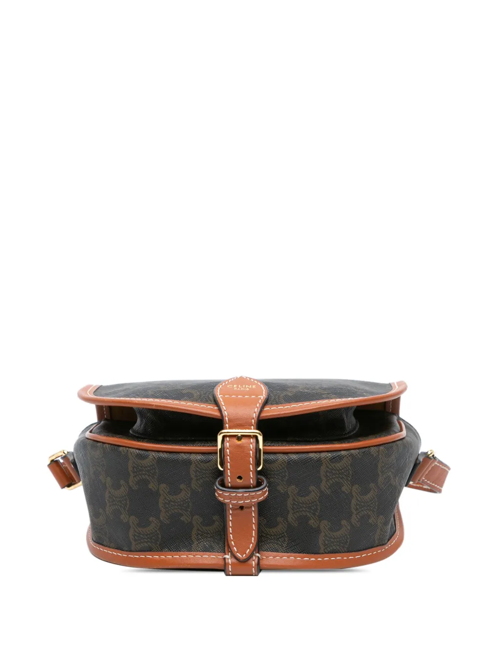 Pre-owned Celine 2019 Medium Triomphe Coated Canvas Folco Crossbody Bag In Brown