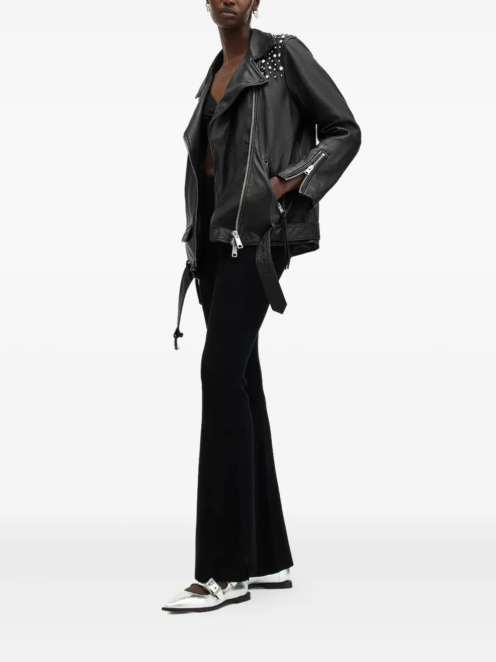 AllSaints Billie verfraaid leren jack Zwart